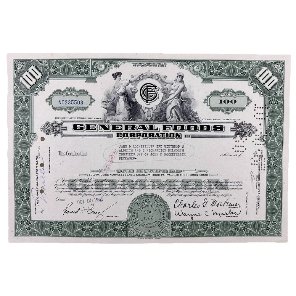 John D. Rockefeller 3rd 1969 General‎ Foods Corp Stock Certificate